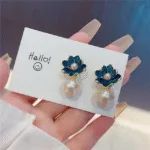 Teal Enamel Flower Stud Earrings with Pearls