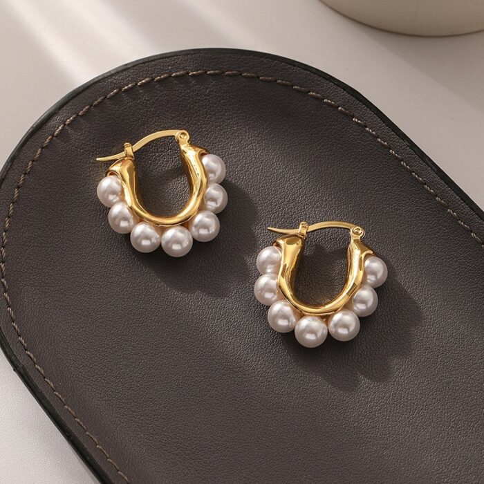 Statement Gold-toned Pearl Hoop Earrings - Image 1