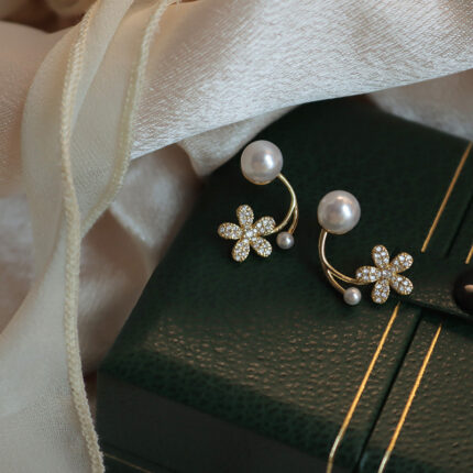Tiny Pearl n Flower Huggie Earrings