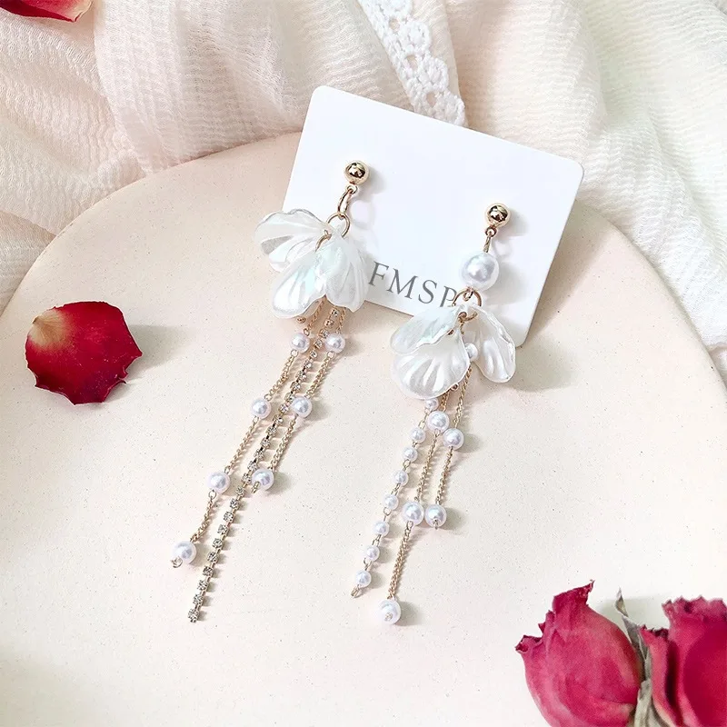 White Shells & Pearls Long Tassel Earrings - Image 1