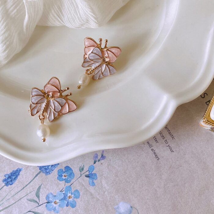 Pastel Butterfly Pearl Drop Earrings - Image 5