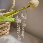White Floral Chain Tassel Long Earrings