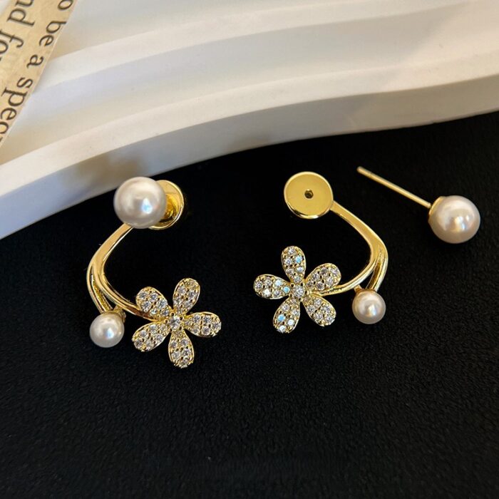 Tiny Pearl n Flower Huggie Earrings - Image 6