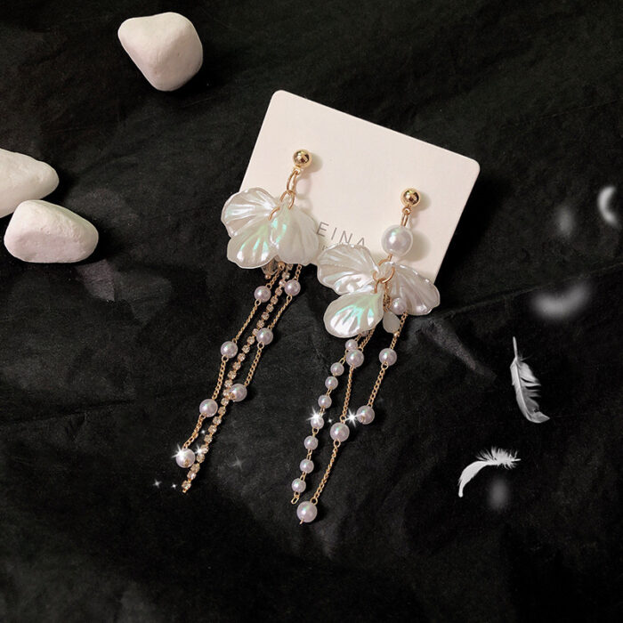 White Shell Tassel Earrings - Image 2