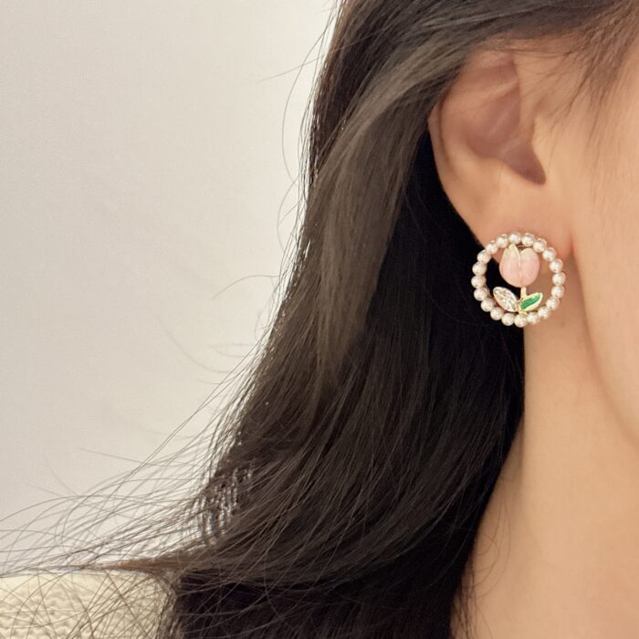 Pink Tulips Round Stud Earrings - Image 3