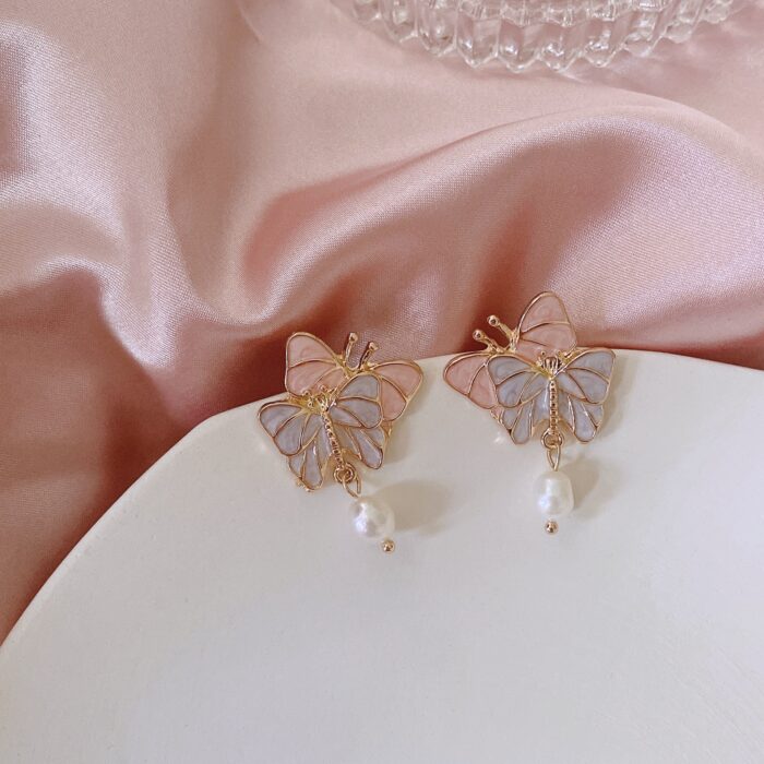 Pastel Butterfly Pearl Drop Earrings - Image 2