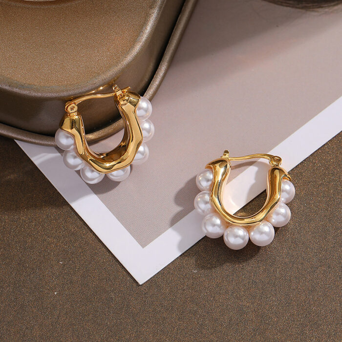 Statement Gold-toned Pearl Hoop Earrings - Image 5