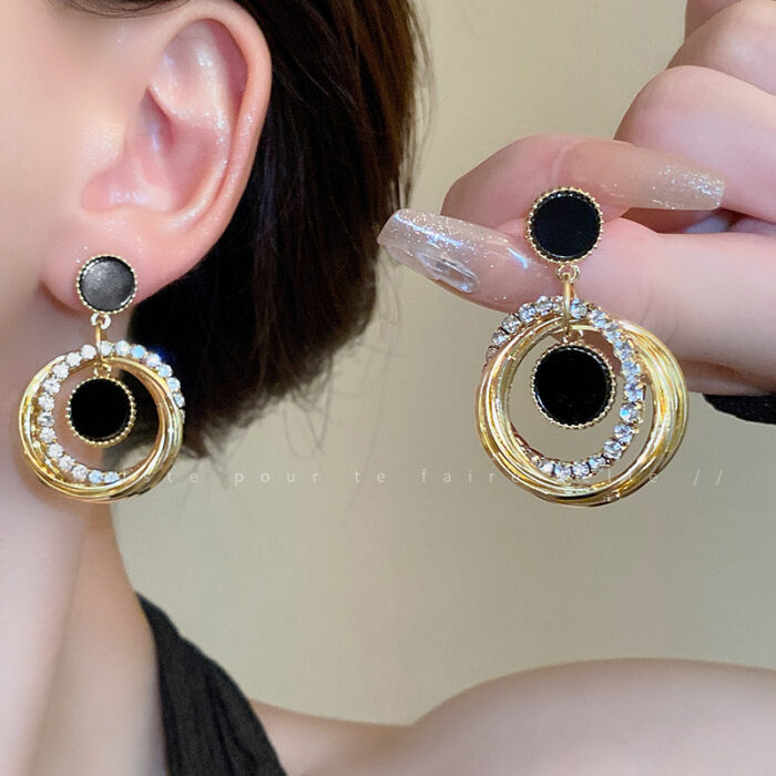Black Enamel & Gold Drop Earrings - Image 3
