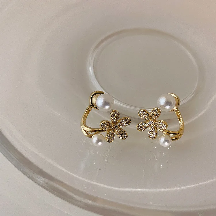 Tiny Pearl n Flower Huggie Earrings - Image 4