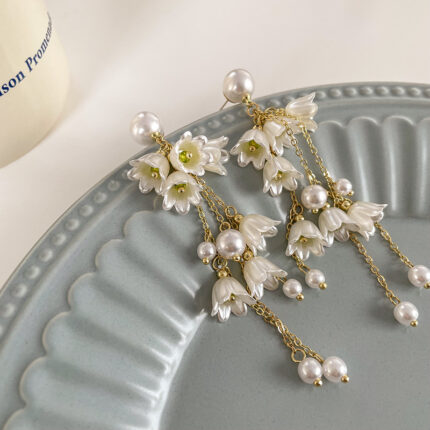 White Long Floral Earrings