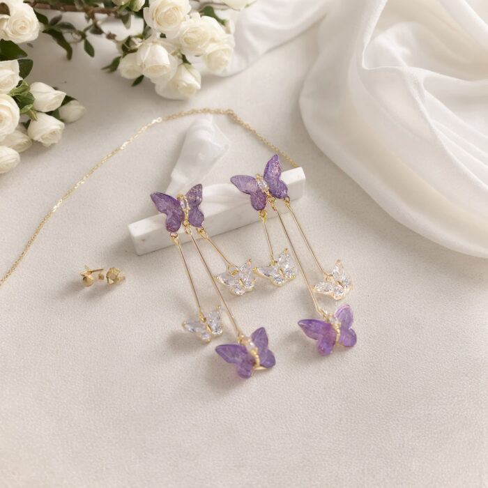 Crystal Purple Butterfly Danglers - Image 1
