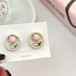 Pink Tulips Round Stud Earrings