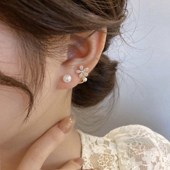 Tiny Pearl n Flower Huggie Earrings - Image 5