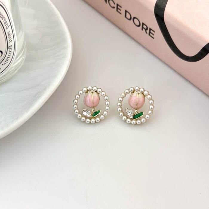 Pink Tulips Round Stud Earrings - Image 2