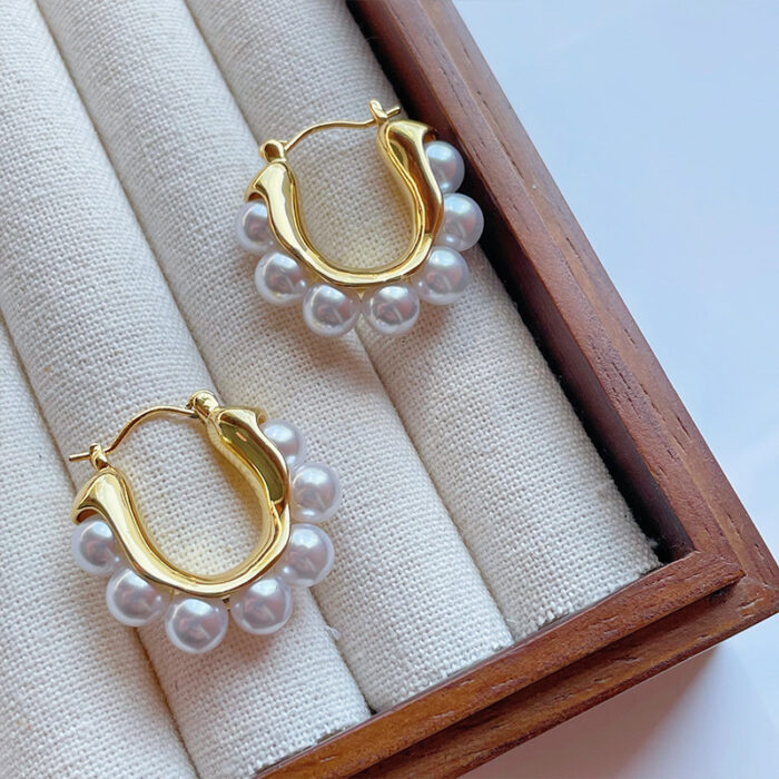 Statement Gold-toned Pearl Hoop Earrings - Image 2