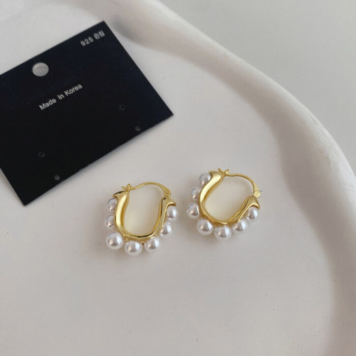 Statement Gold-toned Pearl Hoop Earrings - Image 4