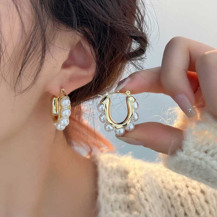 Statement Gold-toned Pearl Hoop Earrings - Image 7