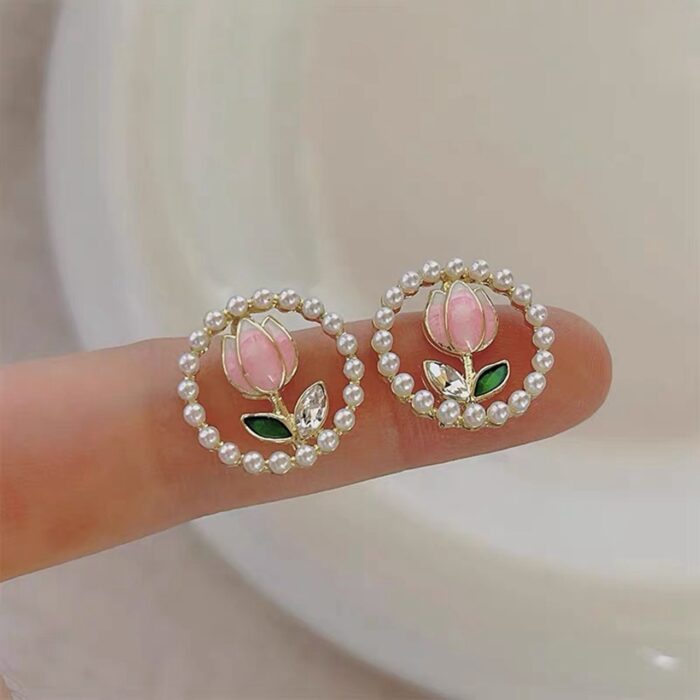 Pink Tulips Round Stud Earrings - Image 5