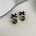 Black Bow Earrings with Crystal Drop - Image 5