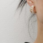 Crystal Embedded Trinity Pearl Half Hoop Earrings - Image 7
