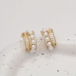 Crystal Embedded Trinity Pearl Half Hoop Earrings - Image 6