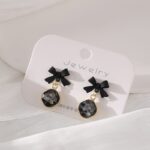 Black Bow Earrings with Crystal Drop - Image 2