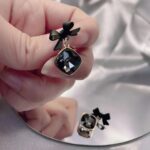 Black Bow Earrings with Crystal Drop - Image 7