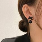 Black Bow Earrings with Crystal Drop - Image 3