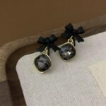 Black Bow Earrings with Crystal Drop - Image 4