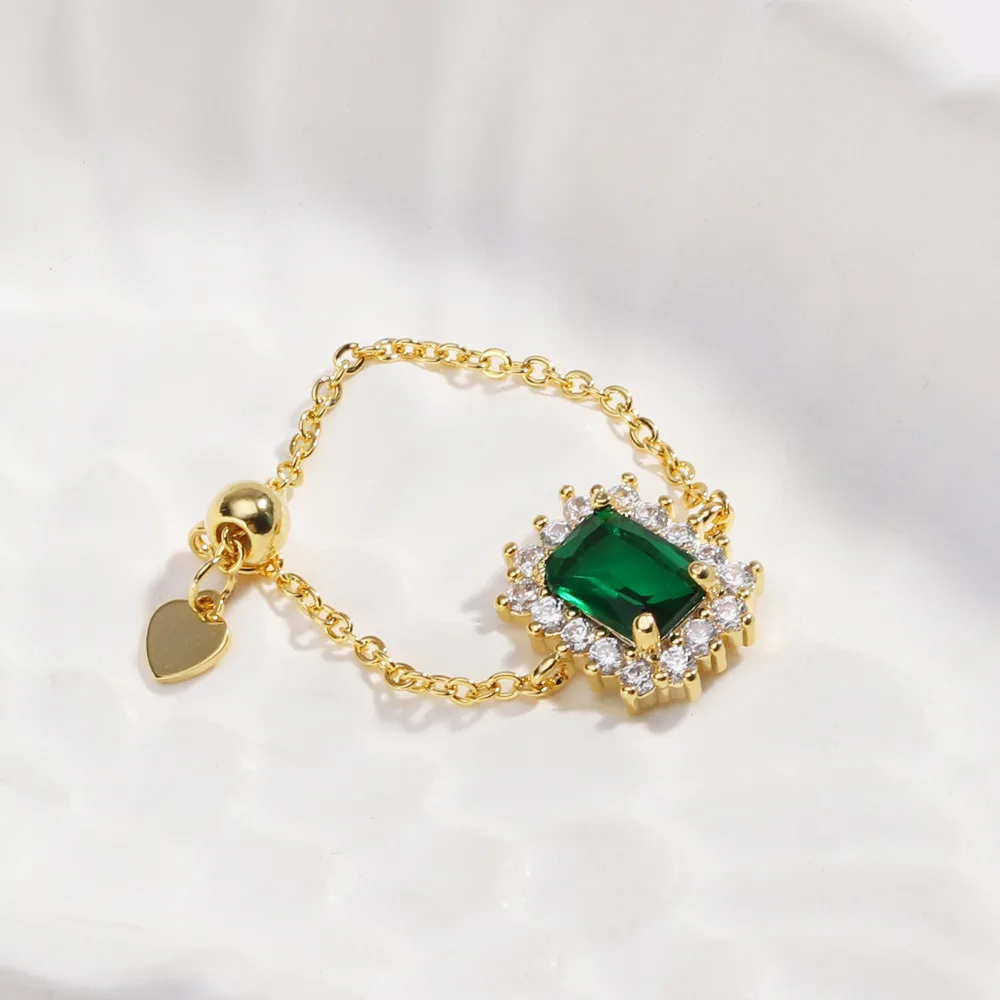 Aylana Emerald Radiance Adjustable Chain Ring – 18K Gold PVD Plated Stainless Steel, Anti-Tarnish - Image 2