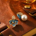 Aylana Blue Floral Mismatched Earrings – Gold Plated Asymmetrical Pearl Drop Earrings for Women - Image 5